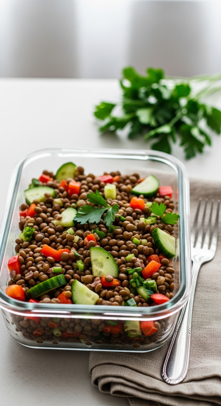 Rectangular Glass Meal Prep Container Filled With Earthy Lentil Salad Featuring Red Bell Pepper, Cucumber, And Parsley, Set Beside A Fork On A Natural Linen Napkin With Soft, Diffused Window Light Creating A Clean, Organized Healthy Meal Prep Scene.