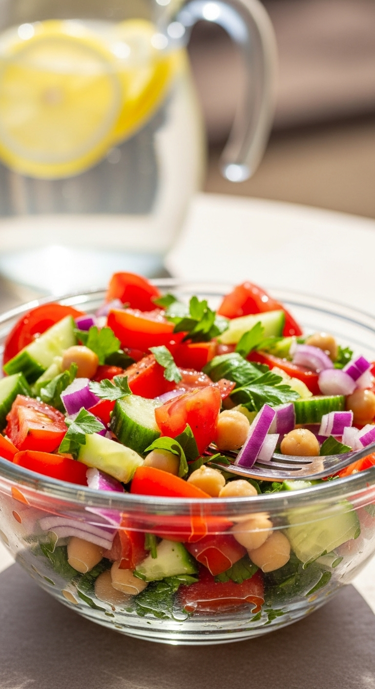 Close-Up Of Mediterranean Chickpea Salad In A Clear Glass Bowl With Layers Of Red Tomatoes, Cucumber, Parsley, And Purple Onion, Bathed In Bright Sunlight, With A Fork Resting In The Bowl And A Lemon Water Pitcher Blurred In The Background.