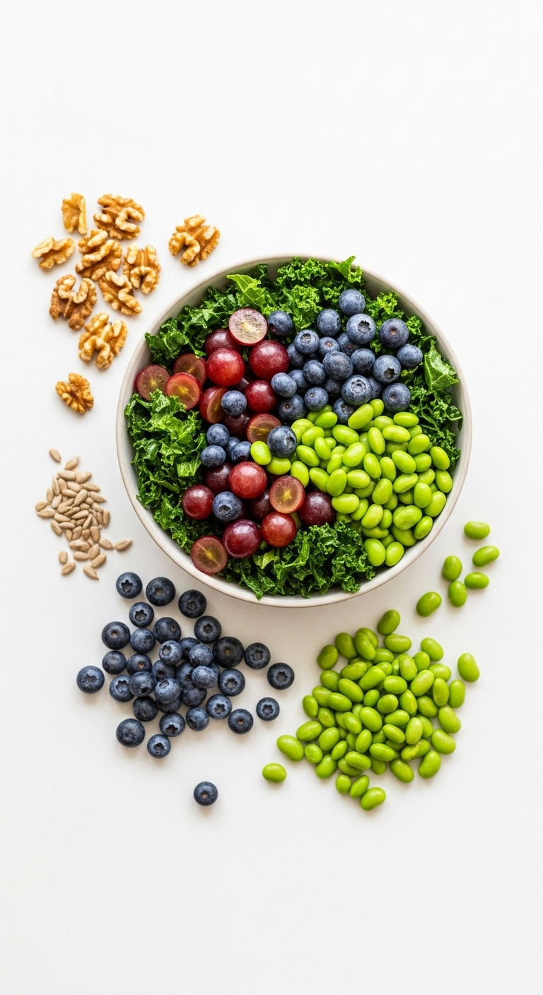 Overhead Flat Lay Of Superfood Salad In A Modern Bowl Featuring Deep Green Kale, Purple Grapes, Blue Blueberries, And Pale Green Edamame, Surrounded By Walnuts, Blueberries, And Sunflower Seeds On A Clean White Surface With Bright, Vibrant Lighting.
