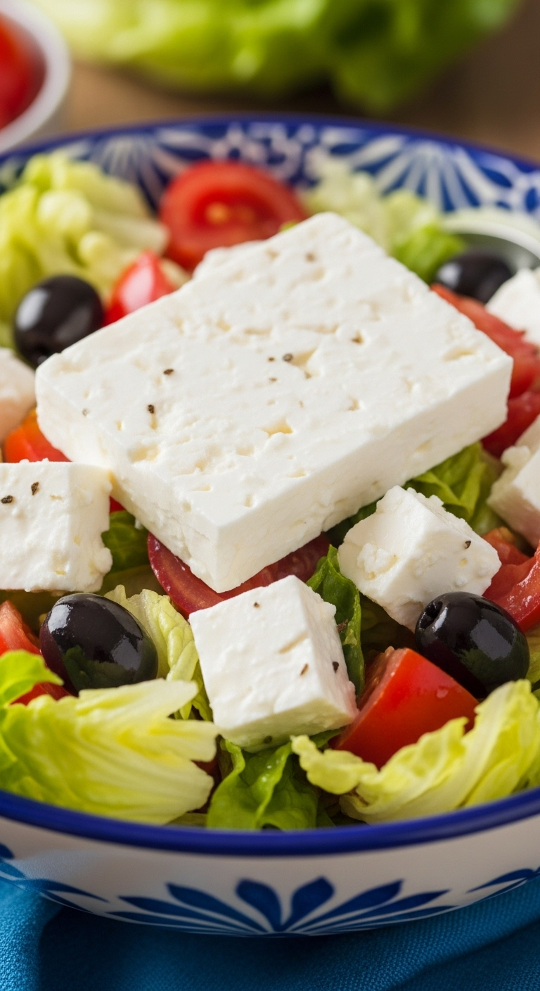 Close-Up Of A Vibrant Greek Salad In A Rustic Blue And White Bowl Featuring Crisp Green Lettuce, Juicy Red Tomatoes, Black Olives, And A Large Chunk Of White Feta Cheese Ready To Be Crumbled, Evoking A Bright, Summery Greek Taverna Atmosphere.
