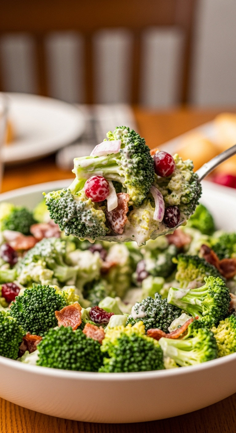 Spoon Lifting Creamy Broccoli Salad With Bacon And Cranberries From A Large Bowl On A Wooden Table, Showcasing Vibrant Green Florets Coated In Dressing In A Warm, Inviting Home Meal Setting.