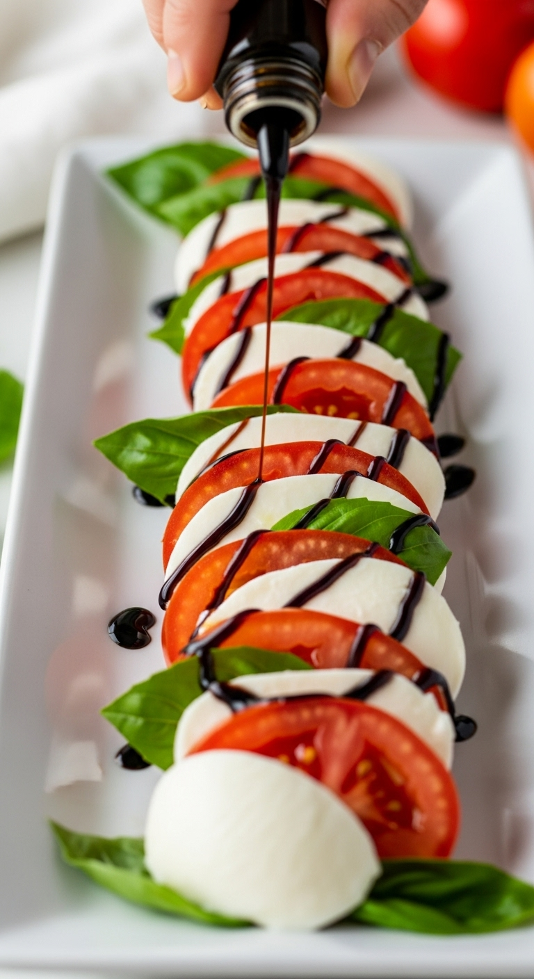 Hand Drizzling Balsamic Glaze Over A Neatly Arranged Caprese Salad Of Vibrant Tomatoes, Fresh Mozzarella, And Basil On A White Rectangular Platter In Warm Golden Hour Light.