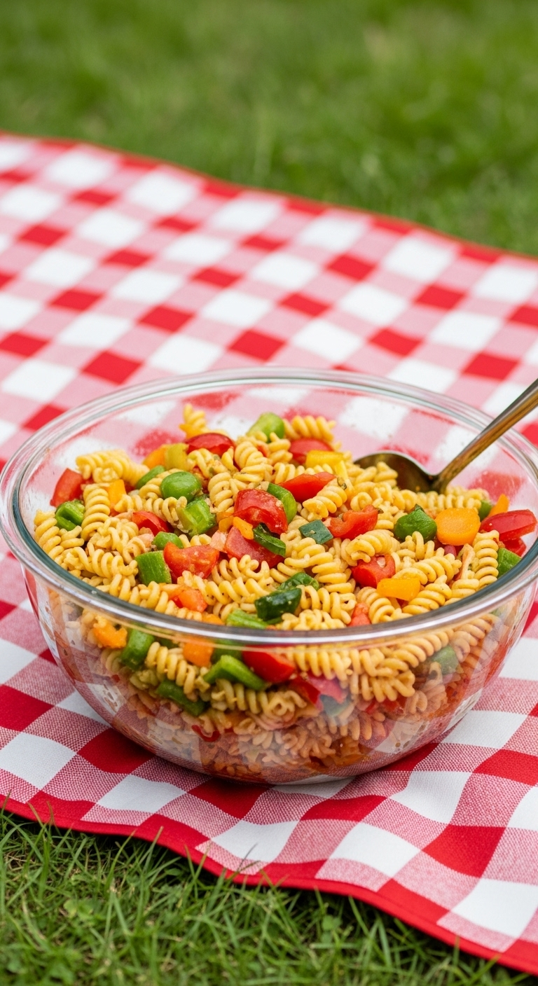 Colorful Vegetable Pasta Salad In A Clear Glass Bowl On A Red And White Checkered Picnic Blanket With A Serving Spoon, Set Outdoors On Green Grass During A Bright, Cheerful Picnic Or Outdoor Party.