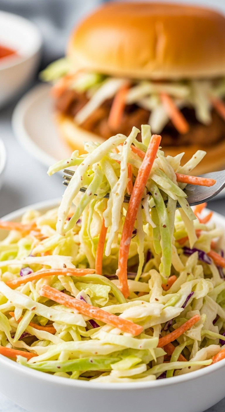 Close-Up Of Creamy Coleslaw With Shredded Cabbage And Carrots In A White Bowl, Fork Lifting A Bite, With A Pulled Pork Sandwich Blurred In The Background, Evoking A Bright, Casual Summer Bbq Setting.