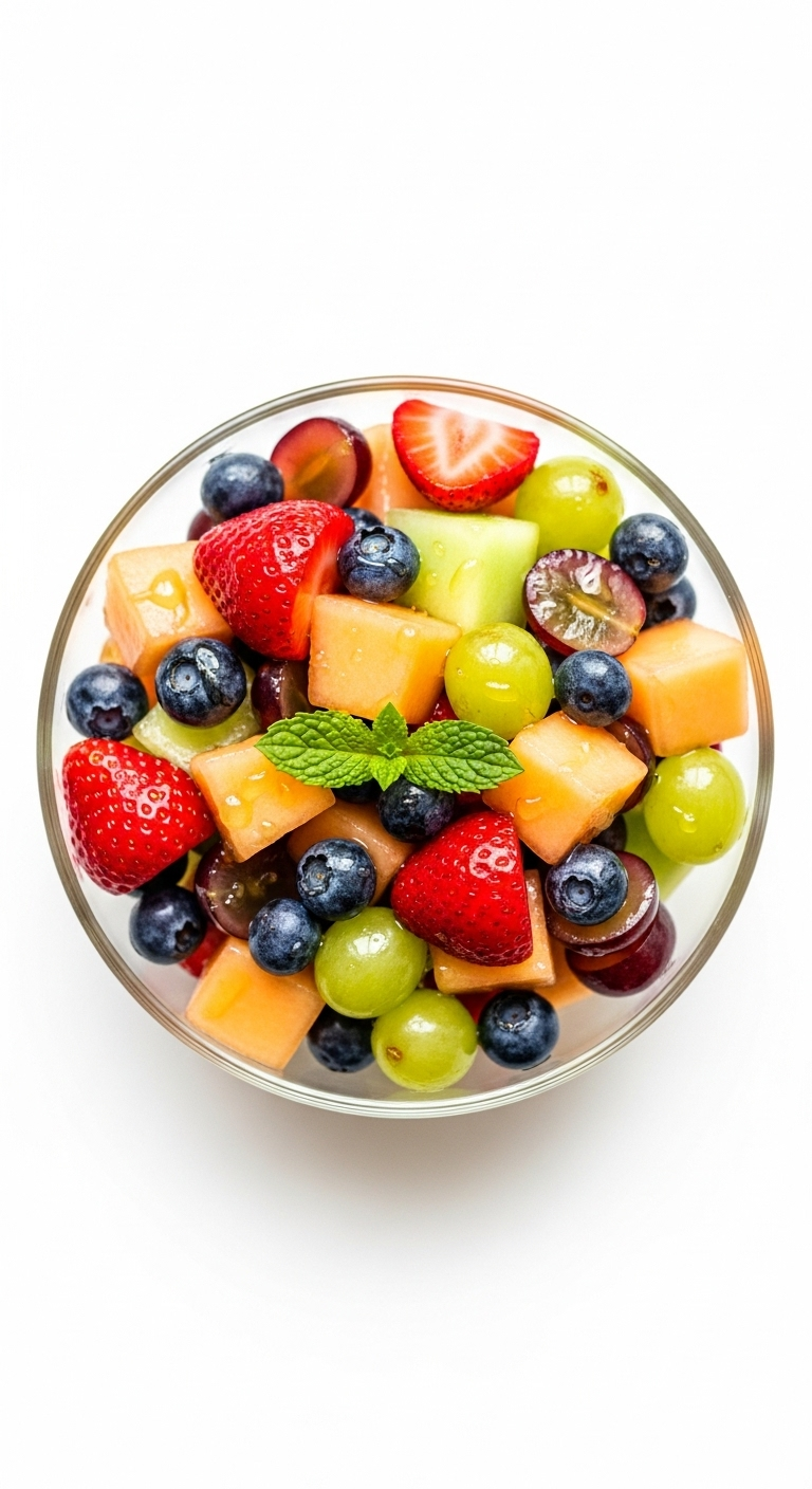 Overhead Shot Of Vibrant Fruit Salad With Strawberries, Blueberries, Cantaloupe, And Grapes In A Glass Bowl, Glistening With Honey-Lime Dressing And Garnished With A Mint Leaf Against A Pure White Background.