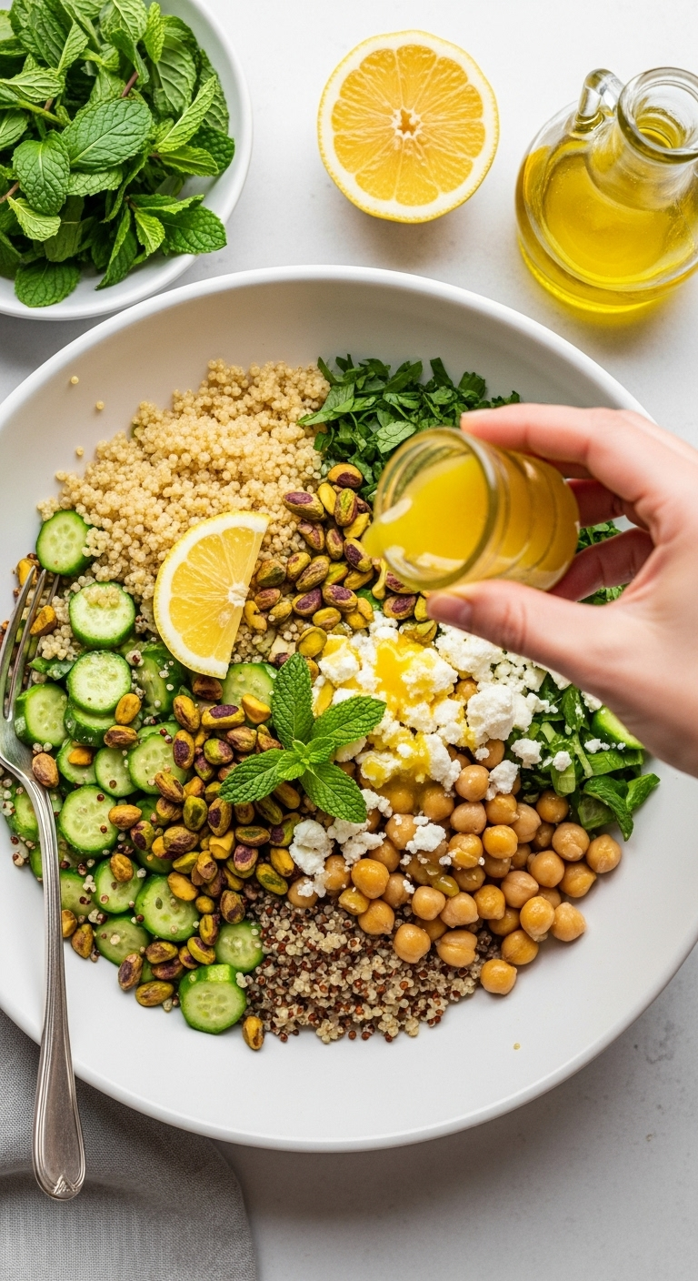 Overhead Shot Of Jennifer Aniston Salad In A White Ceramic Bowl With Quinoa, Chickpeas, Feta, Pistachios, And Fresh Herbs, As A Hand Drizzles Lemon Vinaigrette In Bright Natural Light With A Lemon And Olive Oil Bottle Nearby.