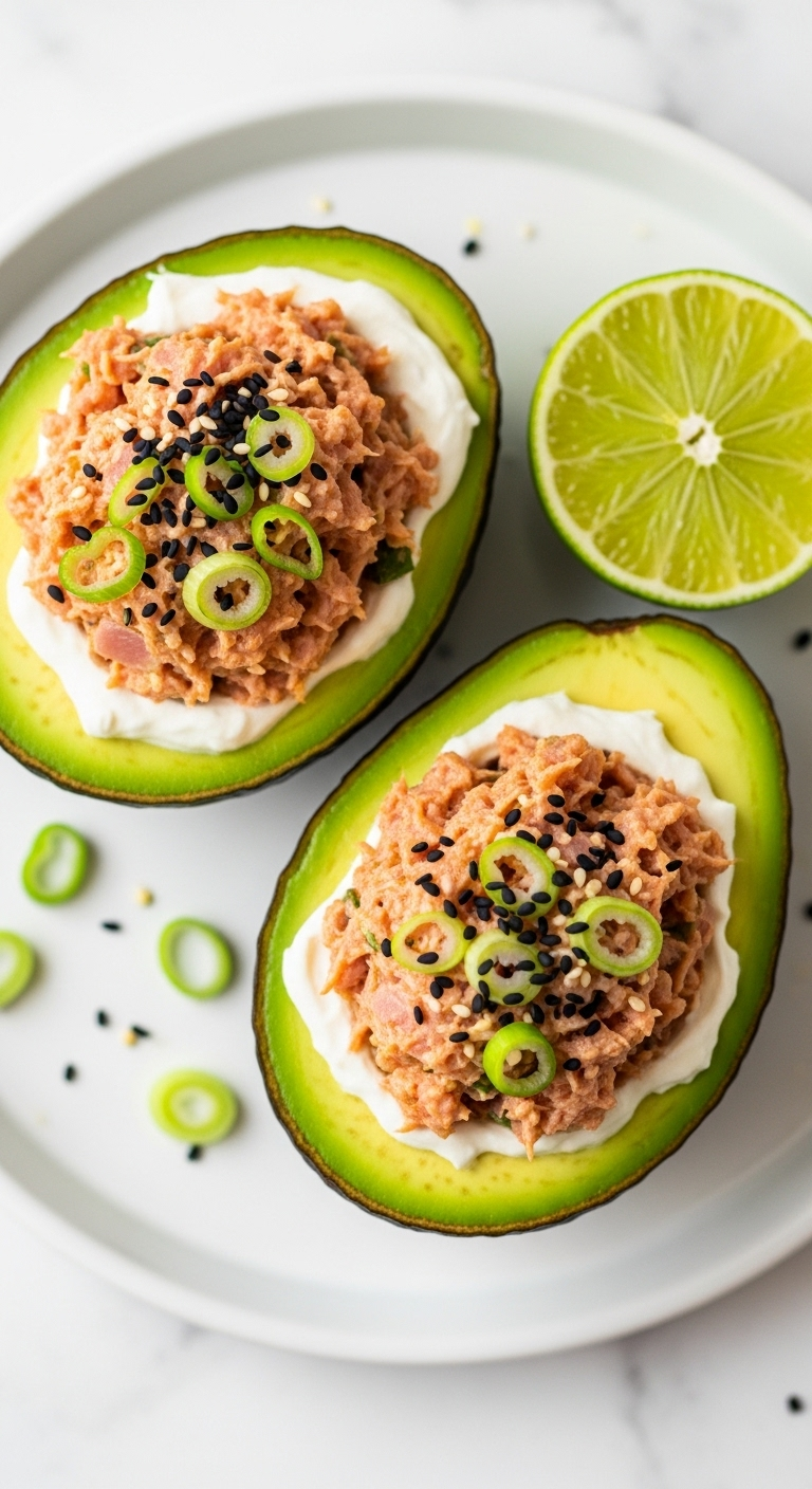 Two Avocado Halves Stuffed With Spicy Sriracha Tuna Salad, Garnished With Green Onions, Black Sesame Seeds, And A Lime Wedge, Set On A Clean White Plate With Bright, Modern Lighting.