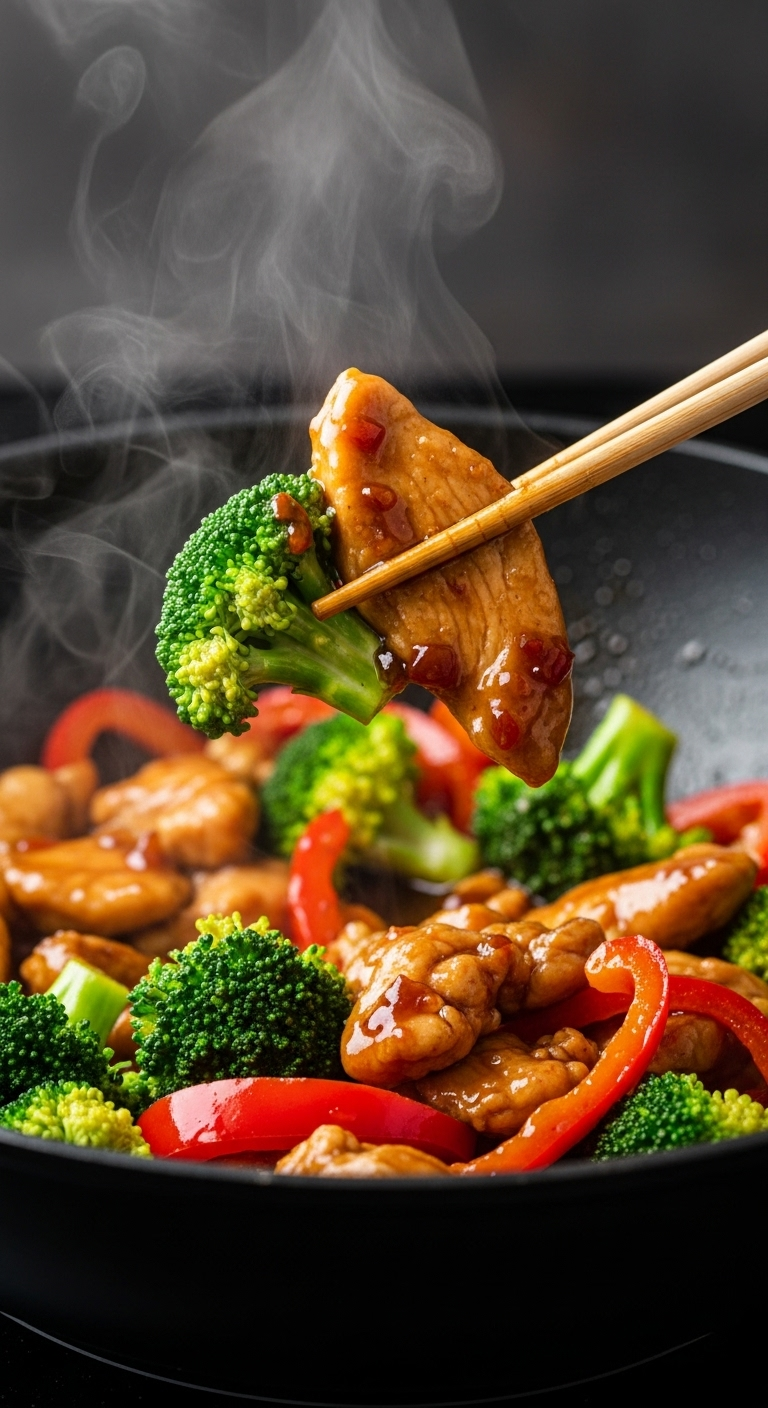 A Dynamic Action Shot Of A Healthy Chicken Stir-Fry Being Tossed In A Black Wok, With Glossy, Sauce-Coated Chicken And Broccoli Being Lifted By Chopsticks, Showcasing Vibrant Green, Red, And Brown Ingredients.
