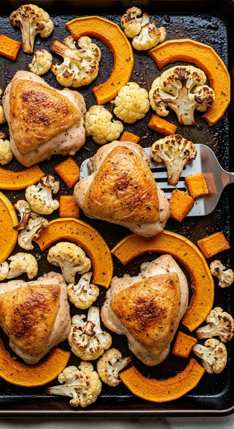 A Dark Sheet Pan Filled With Golden-Brown Roasted Chicken, Caramelized Butternut Squash, And Creamy White Cauliflower, With A Metal Spatula Lifting A Piece Of Chicken And Squash, Captured In Warm, Rustic Lighting.