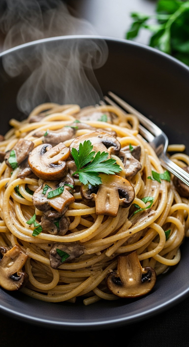 A Close-Up Shot Of Creamy Miso Mushroom Pasta Swirled In A Matte Ceramic Bowl, Topped With Golden-Brown Mushrooms, Parsley, And Steam Rising From The Dish.