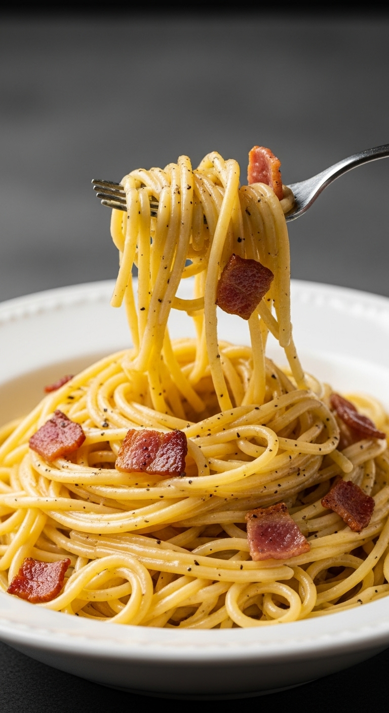 Close-Up Shot Of Spaghetti Carbonara Elegantly Twirled With A Fork, Showcasing Glossy Creamy Sauce, Crispy Bacon, And Black Pepper Specks, Illuminated With Dramatic Chiaroscuro Lighting.