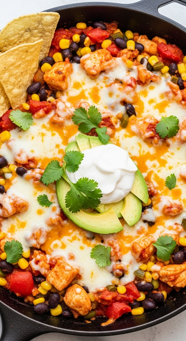 A Vibrant, Close-Up Shot Of A Cast-Iron Skillet Filled With Southwest Chicken Mixture, Topped With Melted Cheese, Sour Cream, Fresh Cilantro, And Tortilla Chips.