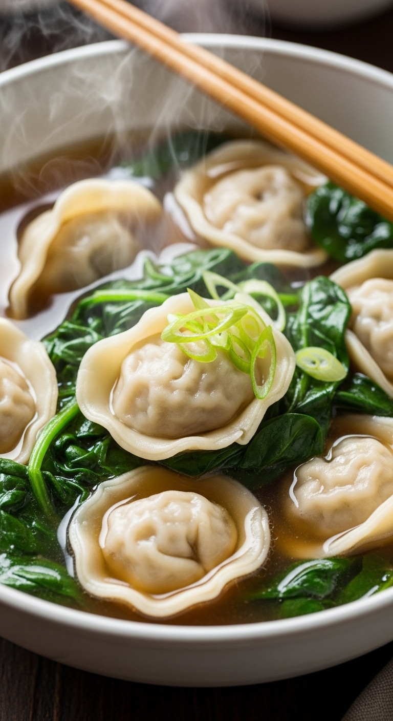 A Comforting Bowl Of Dumpling Soup With Plump Dumplings, Wilted Spinach, And Steaming Broth, Garnished With Scallions And Resting Beside Chopsticks.
