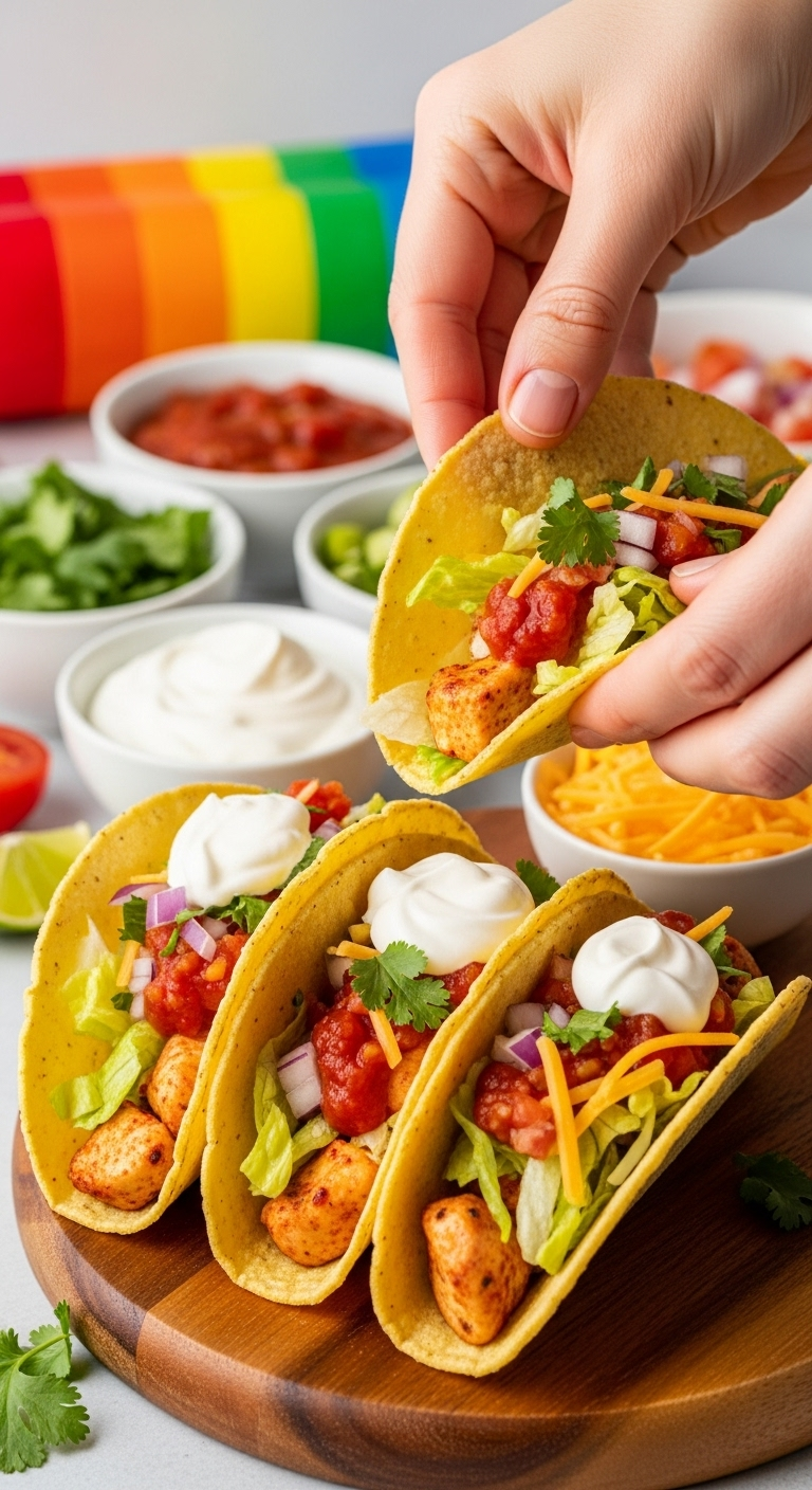 Hands Assembling Colorful Chicken Tacos With Vibrant Toppings Like Lettuce, Salsa, Sour Cream, And Cheese, With A Taco Bar Setup In The Background.