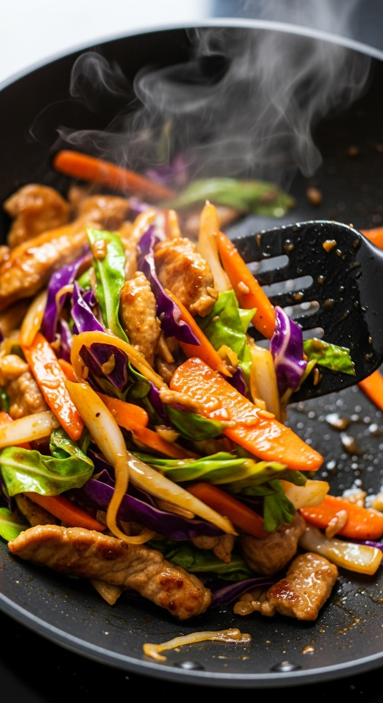 Action Shot Of A Spatula Tossing A Savory Stir-Fry With Cooked Pork, Cabbage, Carrots, And A Glossy Brown Sauce In A Black Wok, With Motion Blur And Steam Conveying Heat And Quick Cooking.