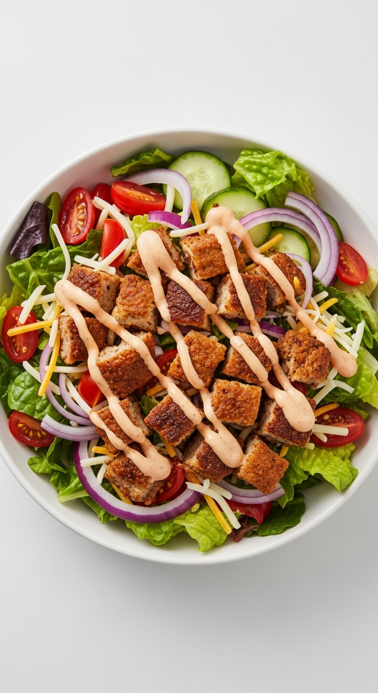 Overhead Shot Of A Smashburger Salad Bowl With Chopped Burger Pieces, Fresh Veggies, Shredded Cheese, And A Drizzle Of Burger Sauce In A White Bowl, With Vibrant Greens, Reds, And Purples.