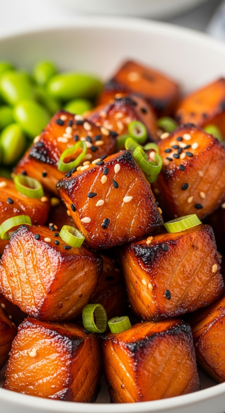 Close-Up Shot Of Crispy Air Fryer Salmon Bites With Caramelized Edges, Garnished With Sesame Seeds And Green Onions, Served In A White Bowl With A Side Of Green Edamame.