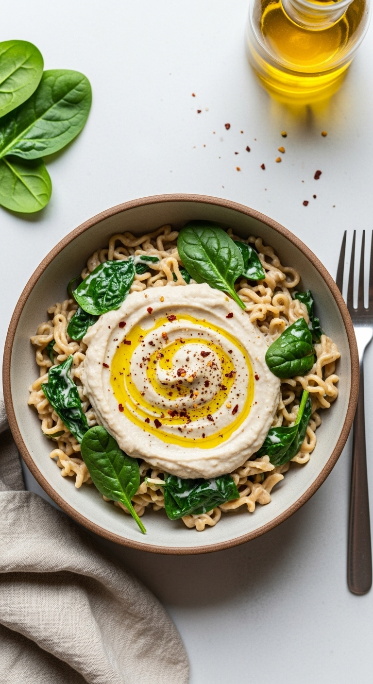 Top-Down Shot Of Vegan Pasta In A Bowl With Creamy Sauce, Dark Green Spinach, Olive Oil Swirl, And Red Pepper Flakes, With A Linen Napkin And Fork Beside, All In Natural, Fresh Light.