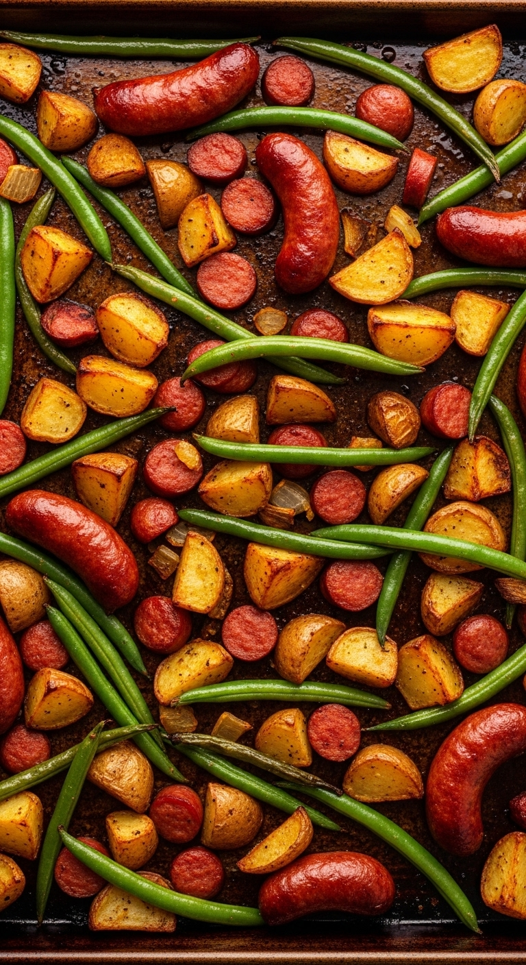 Top-Down Shot Of A Rustic Sheet Pan Filled With Roasted Kielbasa, Golden-Brown Potatoes, And Bright Green Beans, With Some Caramelized Pieces, All Bathed In Warm Golden Hour Lighting.