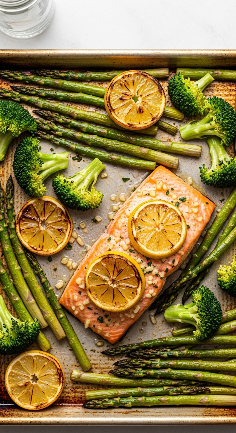 A Rustic Sheet Pan Featuring Flaky Salmon Fillets With Garlic Butter Glaze, Charred Lemon Slices, And Vibrant Roasted Asparagus And Broccoli, Creating A Healthy, Effortless Meal.