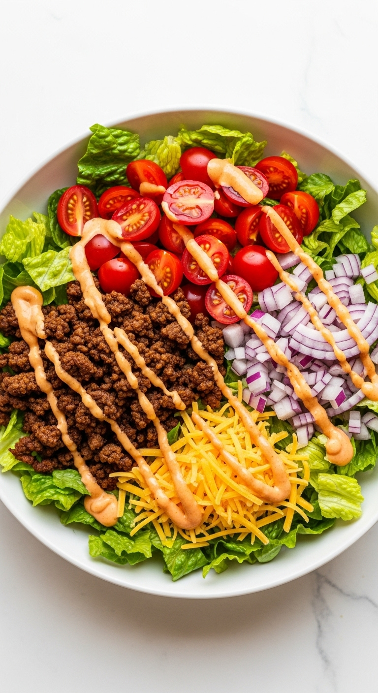 Top-Down View Of A Vibrant Burger Salad In A White Bowl, With Crisp Lettuce, Crumbled Ground Beef, Cherry Tomatoes, Red Onion, Shredded Cheddar, And Creamy Burger Sauce.