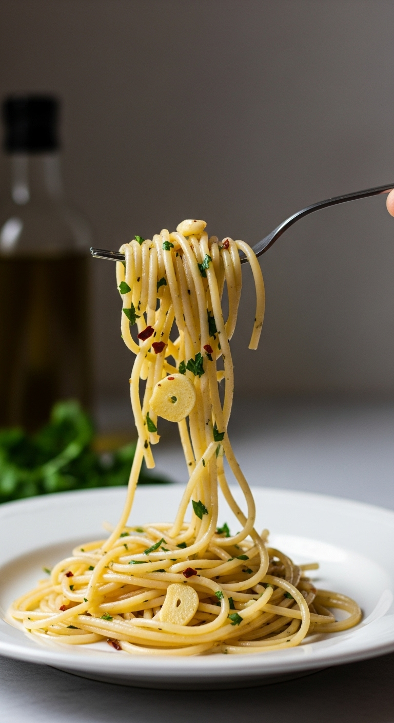 Spaghetti Aglio E Olio Twirled On A Fork, With Glistening Olive Oil, Garlic Slices, Parsley, And Red Pepper Flakes, Held Above A White Plate.