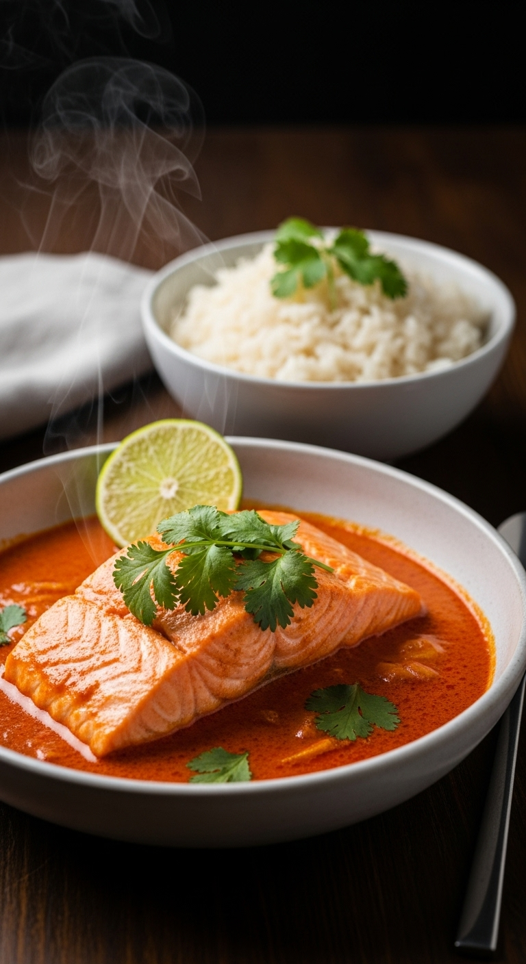 Poached Salmon Fillet In Vibrant Red Curry Sauce, Garnished With Cilantro, Lime, And Served With Jasmine Rice, On A Dark Wooden Surface With Steam Rising.