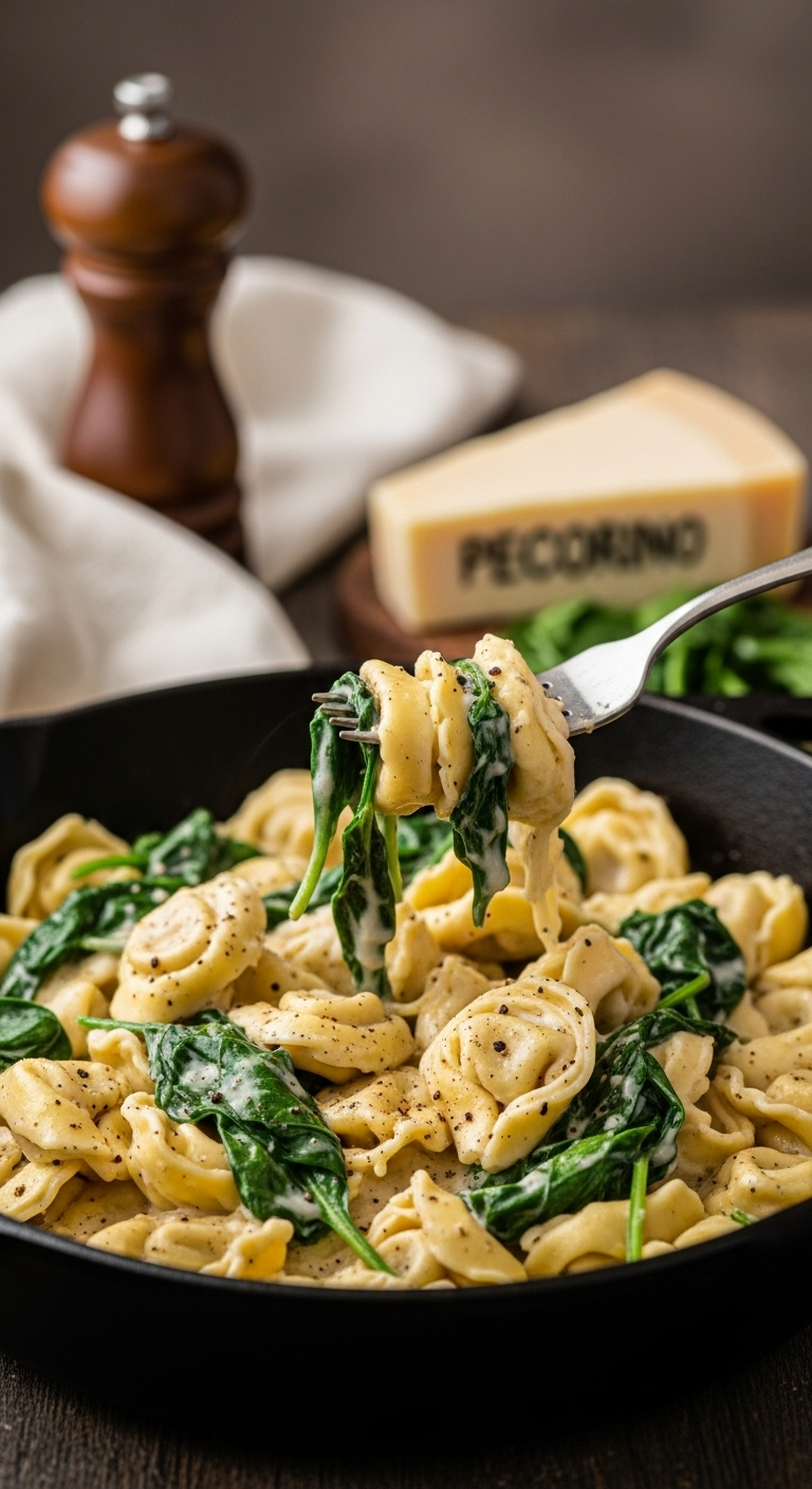 Fork Twirling Cheese Tortellini Coated In Creamy, Peppery Sauce With Wilted Spinach, From A Cast-Iron Skillet, With Pecorino Cheese And Pepper Grinder In The Background.