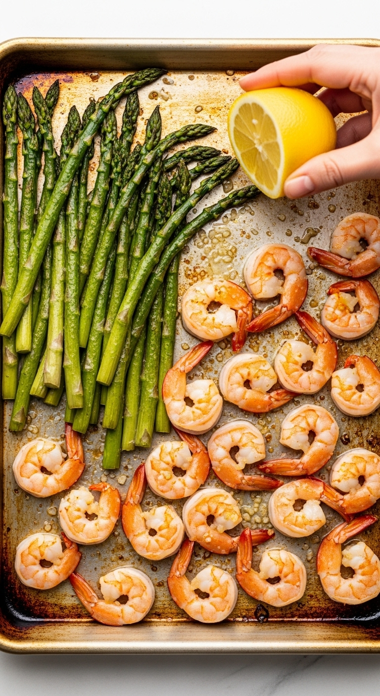 Top-Down View Of Roasted Asparagus And Garlic Butter Shrimp On A Metal Sheet Pan, With A Hand Squeezing Lemon Over The Dish.
