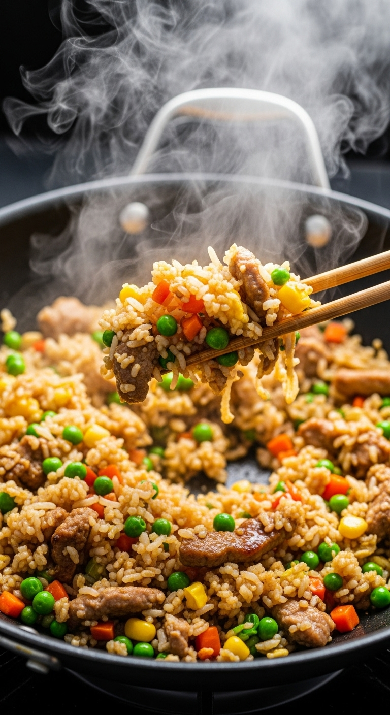 Chopsticks Lifting A Bite Of Pork Fried Rice With Peas And Carrots From A Steaming Wok, Showcasing Vibrant Textures And Colors.