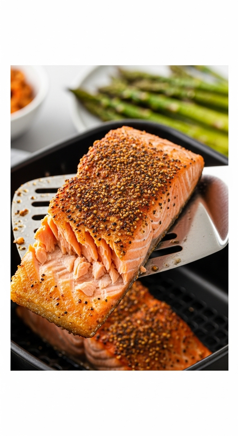 Close-Up Of Perfectly Cooked Air Fryer Salmon Fillet With Crispy Skin Being Lifted With A Spatula, Alongside Roasted Asparagus In The Background.