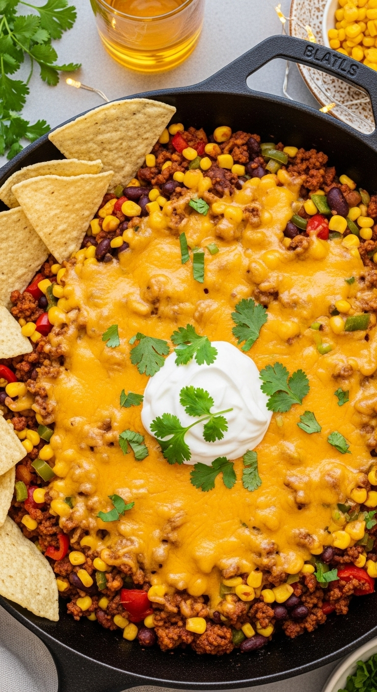 Overhead Shot Of A Colorful Taco Skillet With Ground Beef, Corn, Beans, Melted Cheddar, Sour Cream, Cilantro, And Tortilla Chips For Dipping.