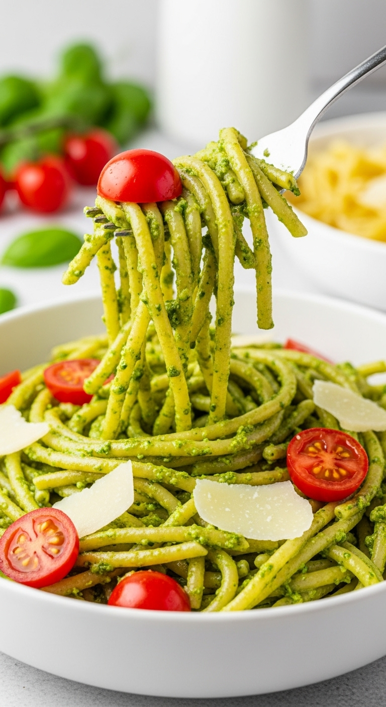 Close-Up Of Pesto Pasta Being Tossed With A Fork In A White Bowl, Featuring Green Pesto, Cherry Tomatoes, And Parmesan Shavings, With A Light Kitchen Background.