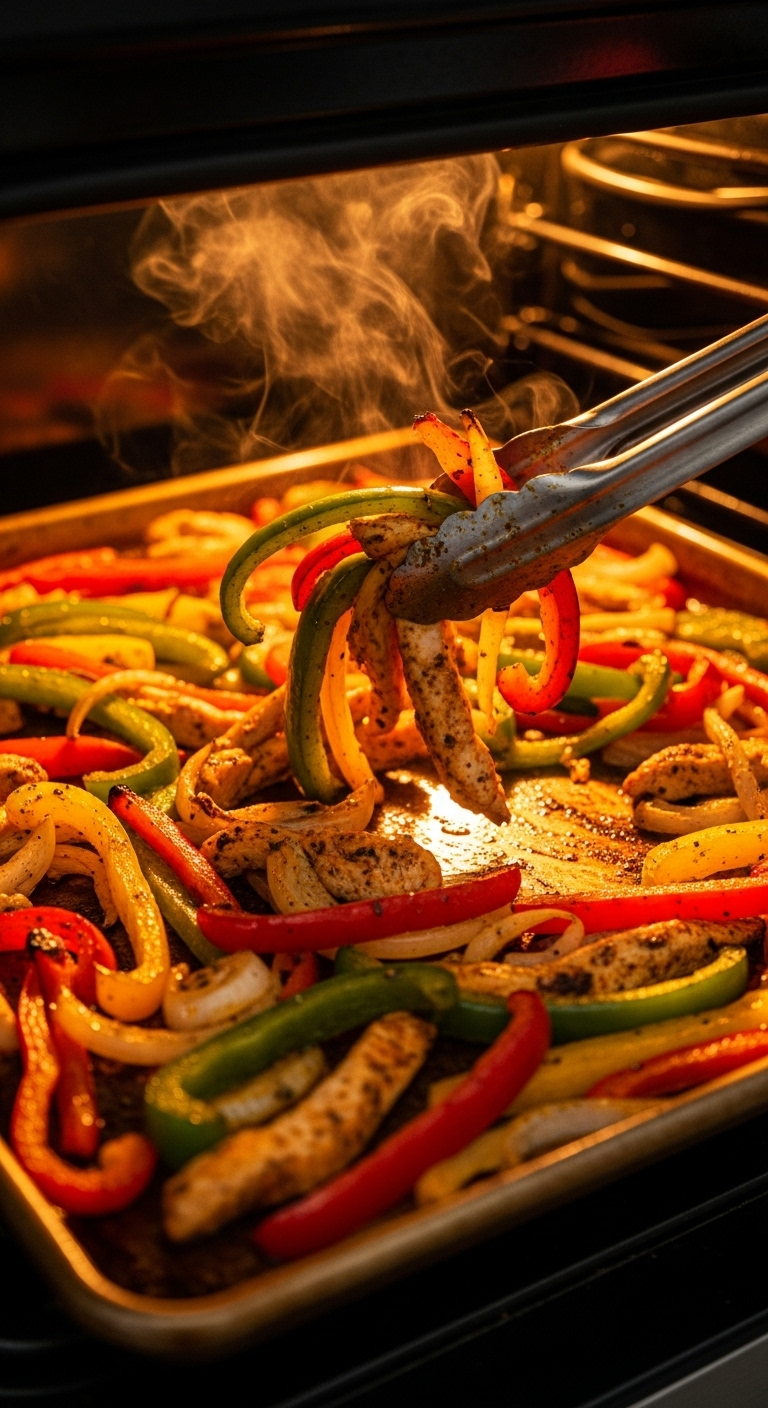 Sizzling Sheet Pan Of Seasoned Chicken, Bell Peppers, And Onions With Char Marks, Being Lifted With Tongs From The Oven.