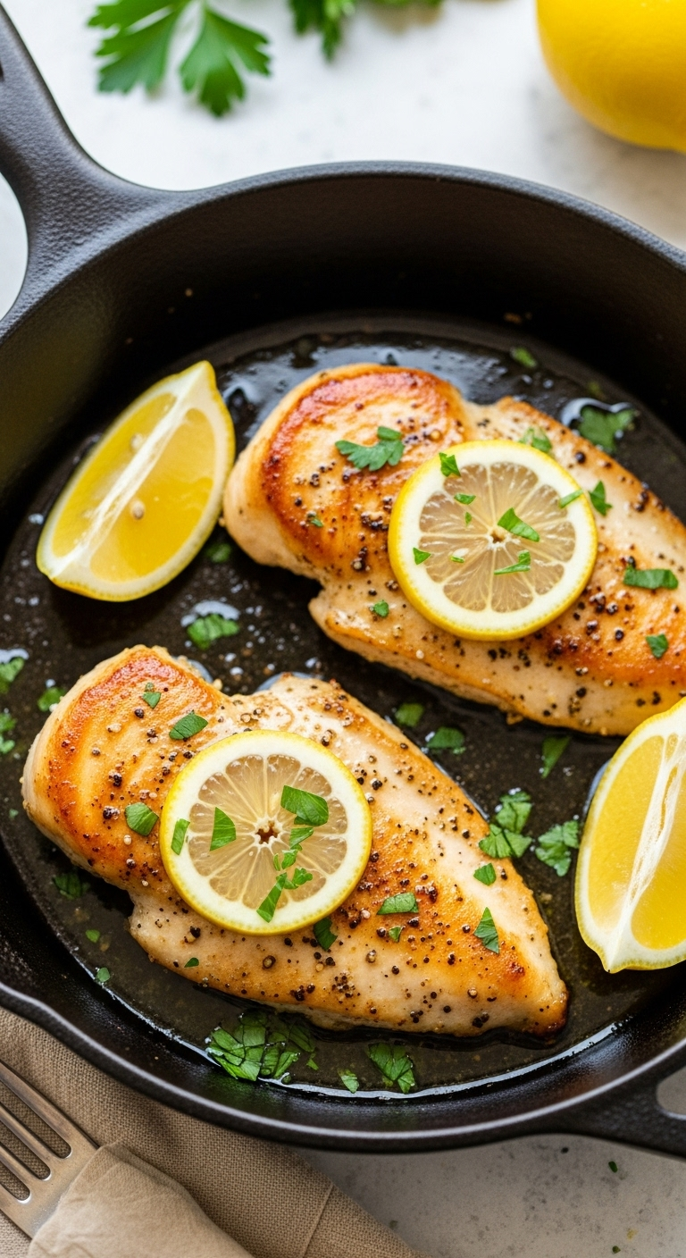 Golden-Brown Pan-Seared Lemon Pepper Chicken Breast In A Cast-Iron Skillet, Garnished With Parsley And Lemon, Glistening With Buttery Sauce, On A Rustic Kitchen Counter.
