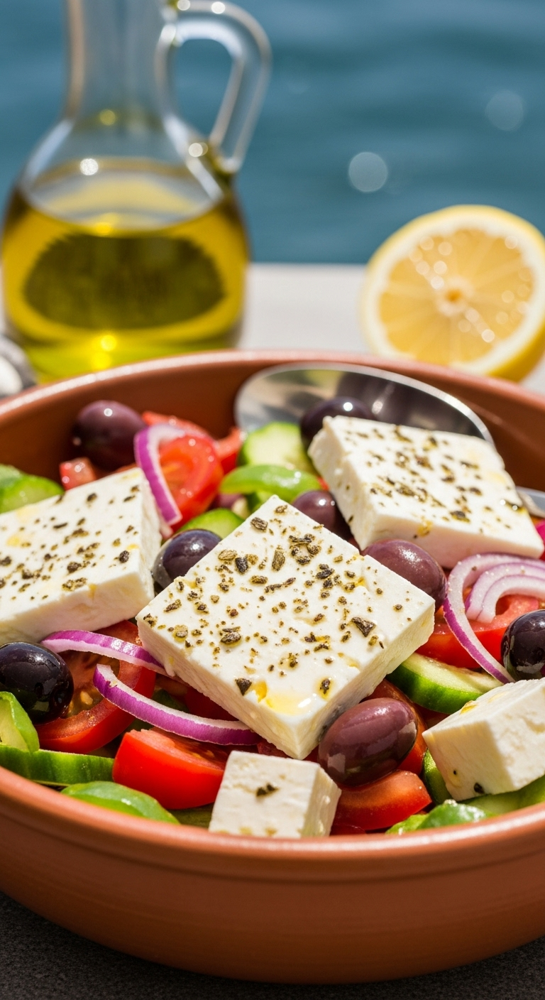 Vibrant Classic Greek Salad In A Rustic Terracotta Bowl With Large Feta Chunks, Olives, Crisp Vegetables, And Pops Of Purple Onion, Bathed In Bright Mediterranean Sunlight With Olive Oil Bottle And Lemon In The Background.