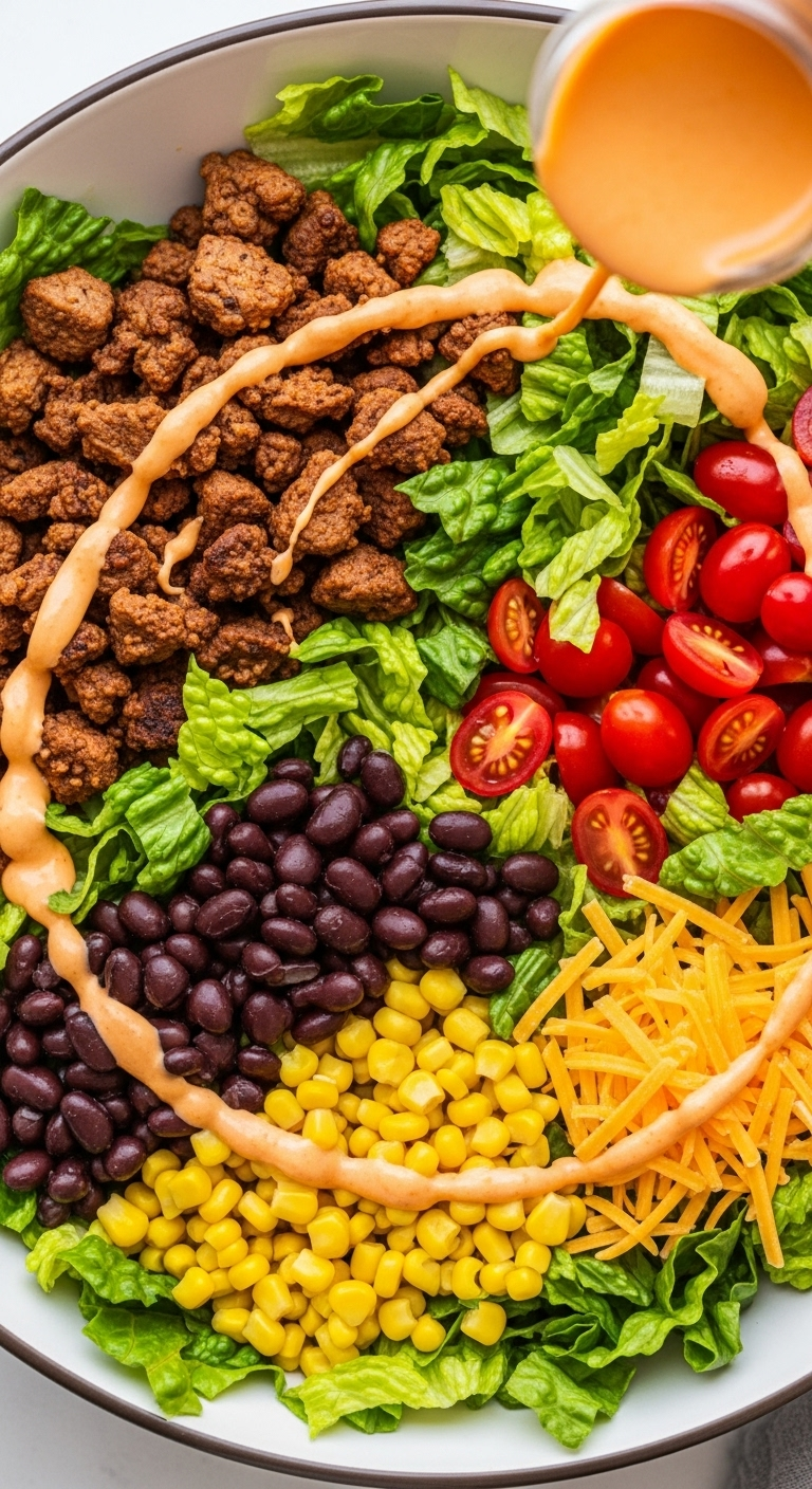 Top-Down View Of Hearty Taco Salad With Green Lettuce, Brown Meat, Black Beans, Yellow Corn, Red Tomatoes, And Orange Cheese Arranged In Sections, Drizzled With Creamy Orange Dressing Under Warm, Inviting Light.