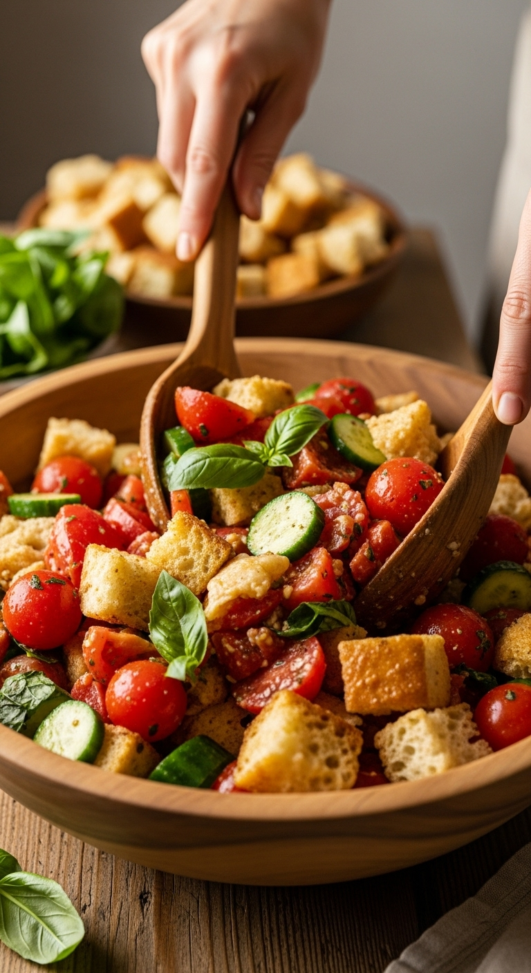 Rustic Italian Kitchen Scene With Family-Style Wooden Bowl Of Panzanella Salad Featuring Juicy, Soaked Bread, Vibrant Tomatoes, Basil, Cucumber, And Crusty Bread, Tossed With Wooden Servers In Warm Late Afternoon Light.