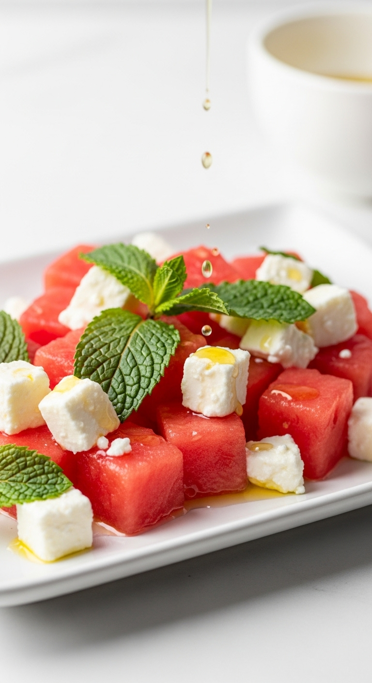Close-Up Of Watermelon Salad With Feta And Mint On A Modern White Platter, Highlighting Glistening Watermelon Cubes, Crumbly Feta, And Vibrant Mint Leaves Under Clean, Bright Minimalist Lighting With A Drop Of Dressing Falling Onto The Salad.
