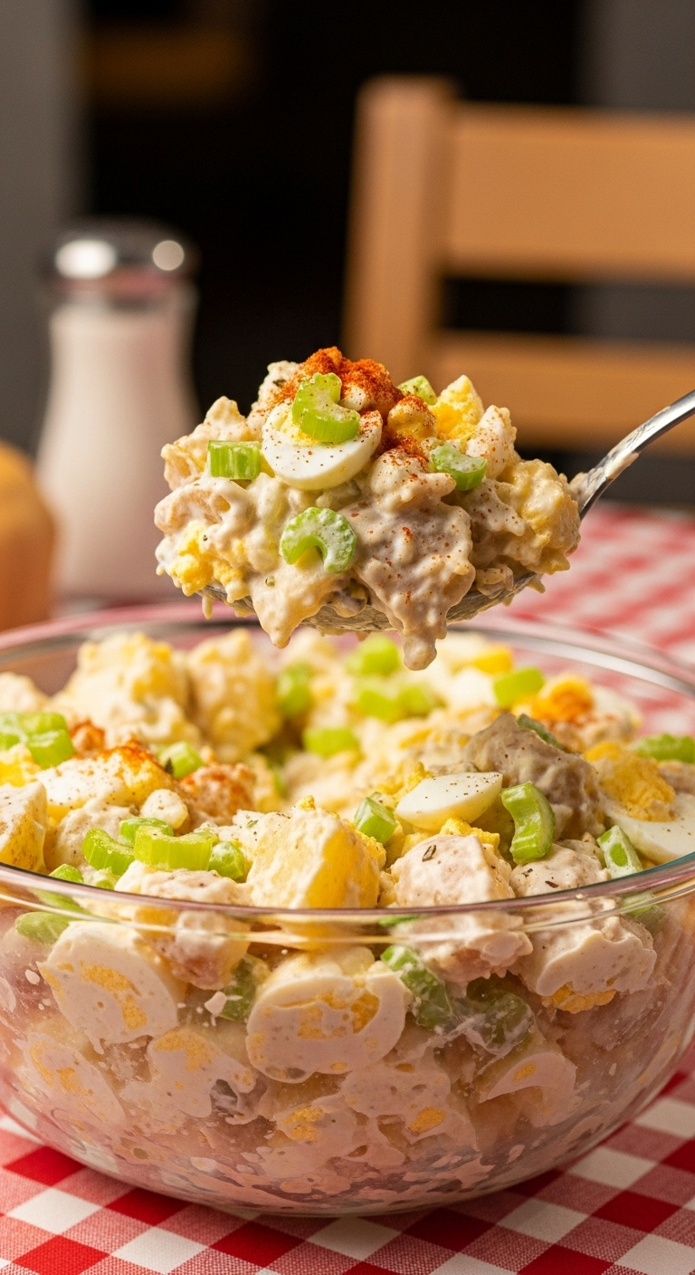 Creamy Classic Potato Salad With Chunks Of Potato And Egg Being Served From A Glass Bowl On A Red-And-White Checkered Tablecloth, Bathed In Warm, Soft Nostalgic Light Evoking A Family Cookout At Dusk.