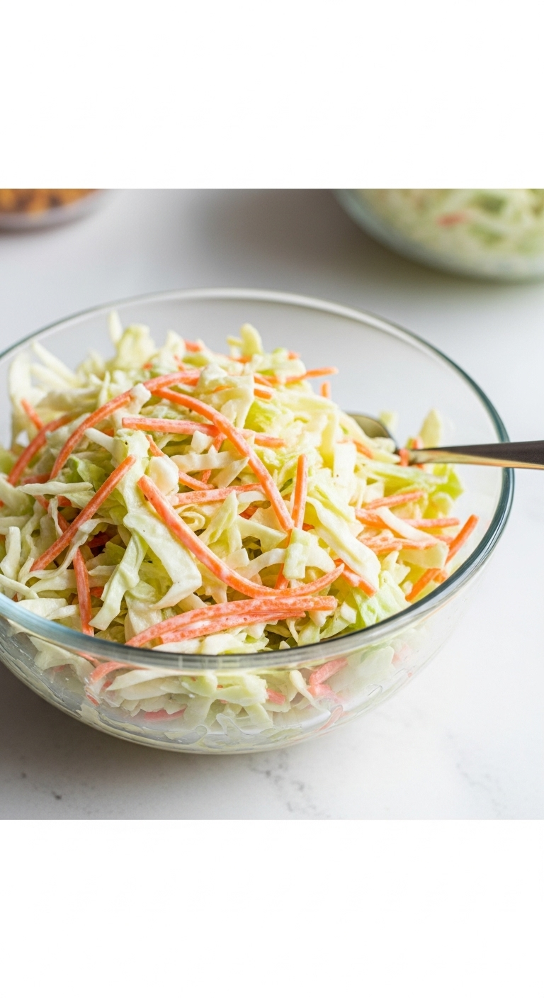 Close-Up Of Creamy Coleslaw With Finely Shredded Cabbage And Carrots In A Clear Glass Bowl, Coated In Creamy Dressing With A Fork Resting Beside, Set Against A Clean, Light-Colored Countertop Under Bright, Even Lighting.