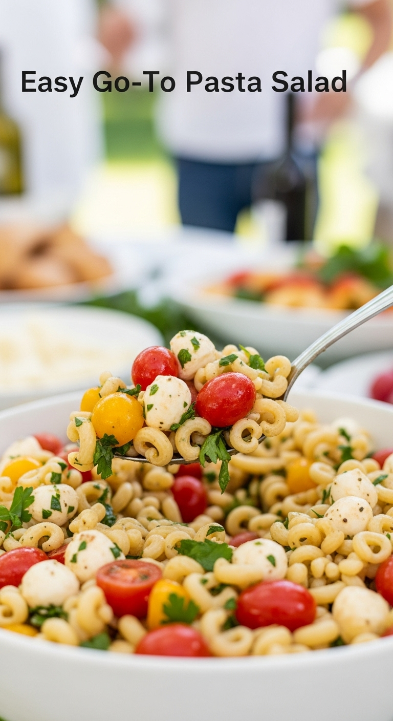 Bright Daytime Party Scene With A Large Bowl Of Easy Go-To Pasta Salad Featuring Colorful Pasta, Red Tomatoes, White Mozzarella, And Green Parsley, With A Spoon Scooping Some Out And A Blurred Outdoor Potluck Background.