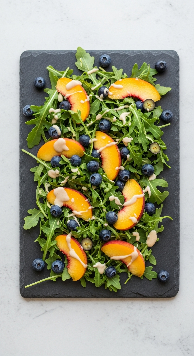 Overhead Flat Lay Of Arugula Salad With Peaches And Blueberries On A Slate Platter, Featuring Artistic Fruit Arrangement And Creamy Tahini Drizzle Under Soft, Diffused Natural Light For An Elegant And Sophisticated Look.