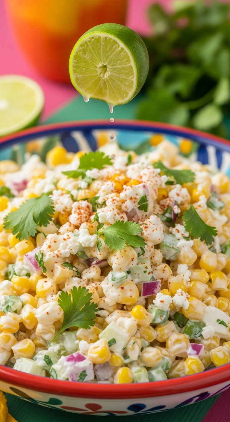Vibrant Mexican Street Corn Salad In A Colorful Rustic Bowl With Creamy Dressing, Cheese, Cilantro, Chili Powder, And A Lime Wedge Dripping Juice, Captured In Warm, Festive Lighting Highlighting Its Creamy, Chunky Texture.