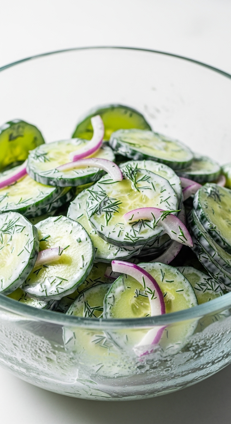 Close-Up Of Refreshing Cucumber Salad With Thin Slices Coated In Creamy Dill Dressing In A Chilled Clear Glass Bowl, Featuring Green, White, And Purple Hues Under Bright, Crisp Lighting With Visible Condensation.