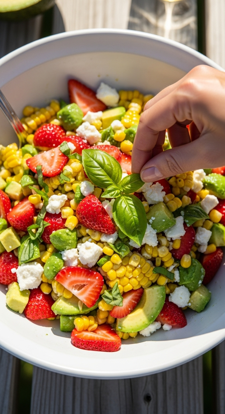 Top-Down Close-Up Of Vibrant Summer Salad With Corn, Strawberries, Avocado, And Feta In A White Bowl, Freshly Tossed And Garnished With Basil, Set On A Wooden Picnic Table In Bright Natural Sunlight.