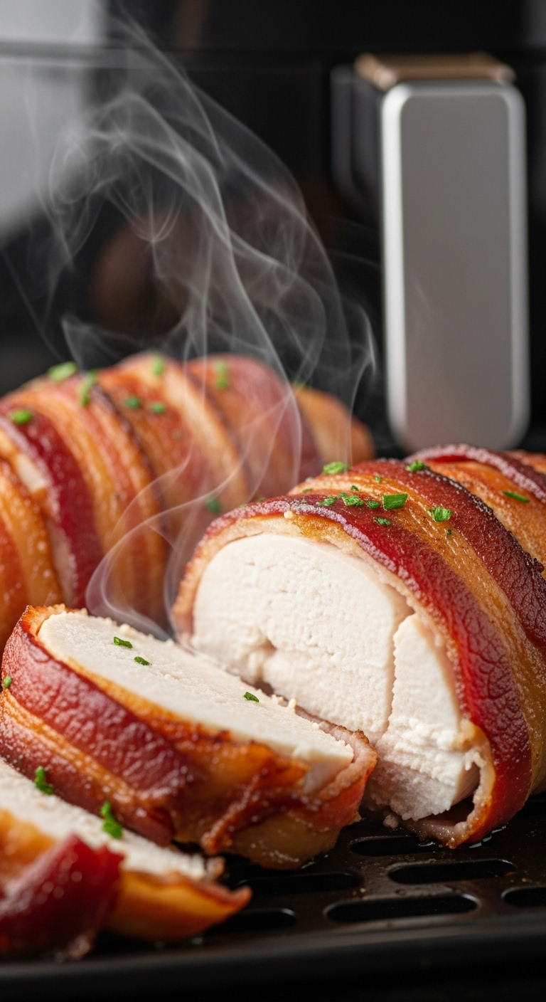 Bacon-Wrapped Air Fryer Chicken Breast Sliced Open To Reveal The Moist Interior