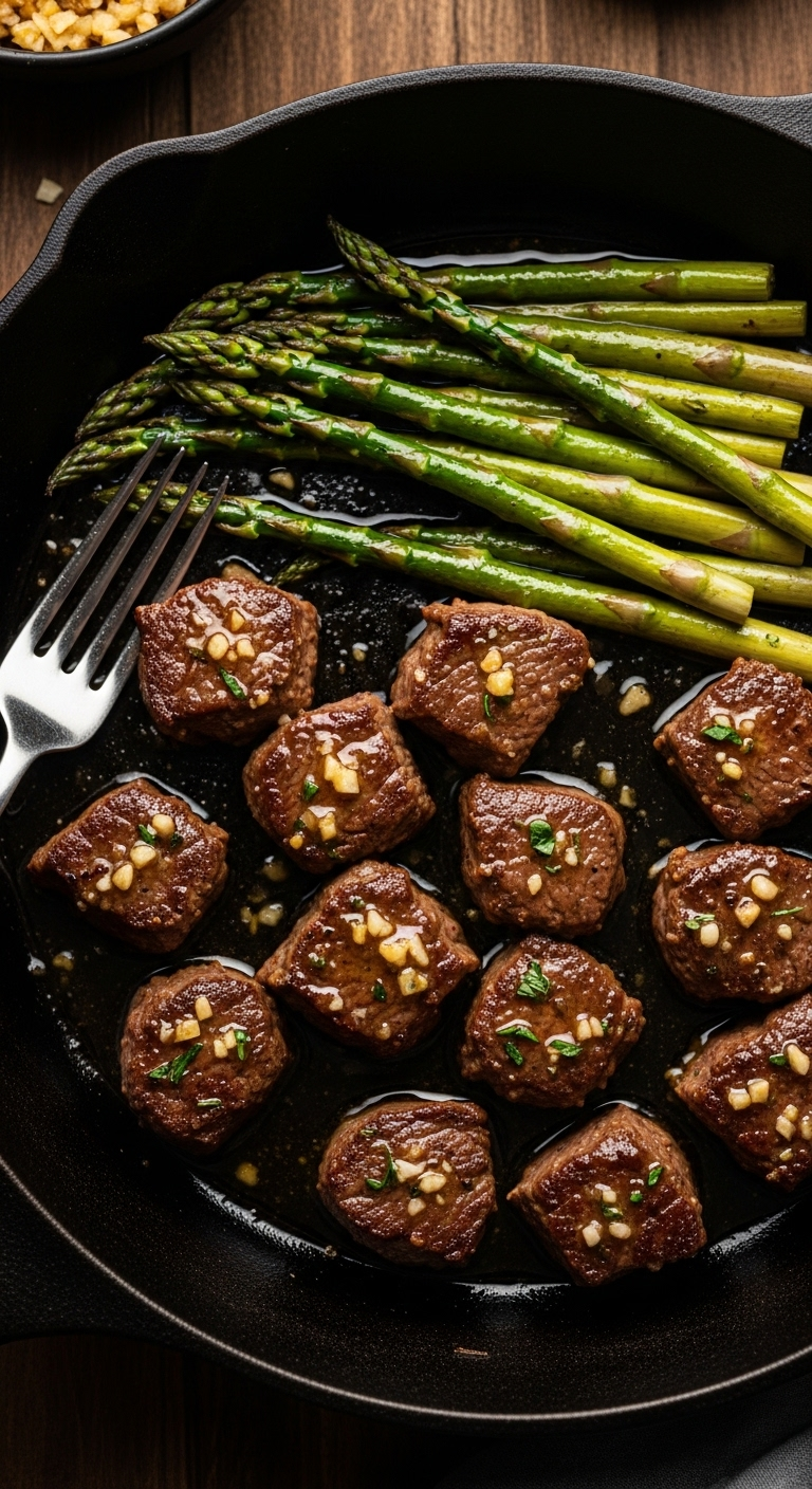&Quot;Close-Up Of Garlic Butter Steak Bites And Perfectly Cooked Asparagus Spears In A Black Cast-Iron Skillet