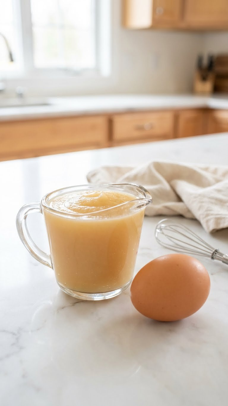 1/4 Cup Unsweetened Applesauce In Glass Measuring Cup Next To A Raw Egg On Marble, Illustrating Egg Substitute For Baking.