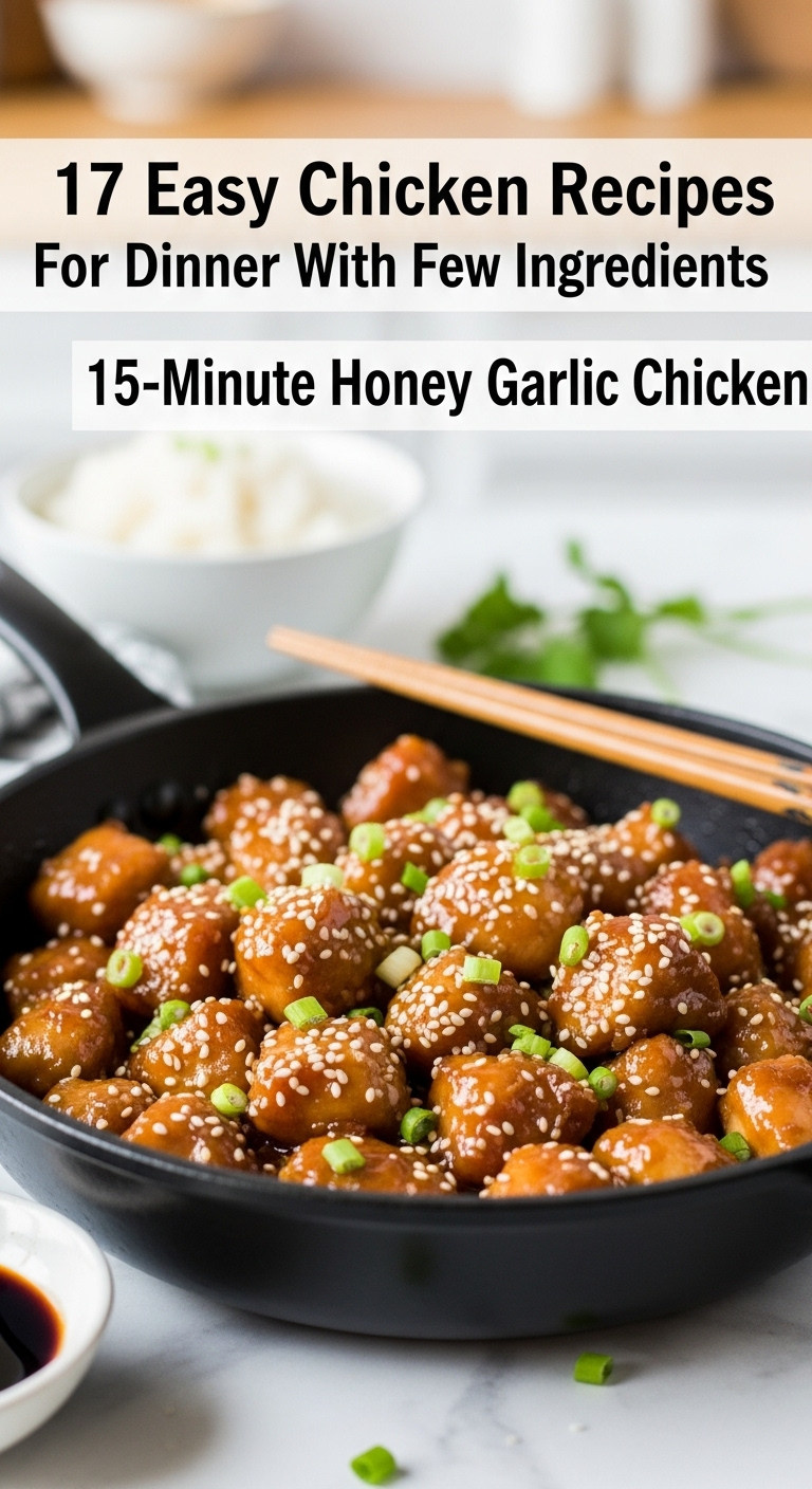 15 Minute Honey Garlic Chicken Bites Coated In Glossy Sauce With Sesame Seeds And Green Onions In A Black Skillet